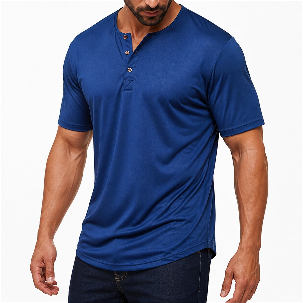 Man wearing the royal blue everyday henley with dark jeans