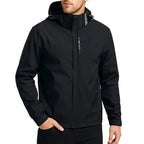 Man wearing the black hooded windbreaker, zip closed
