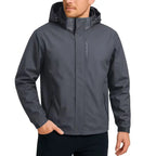 Man wearing the grey waterproof windbreaker with hood