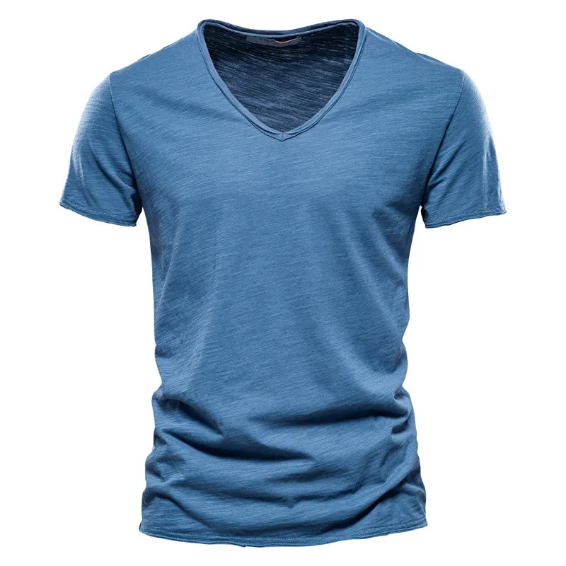 Slim V-Neck Tee in Jeans Blue — textured slub cotton