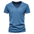 Slim V-Neck Tee in Jeans Blue — textured slub cotton