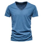 Slim V-Neck Tee in Jeans Blue — textured slub cotton
