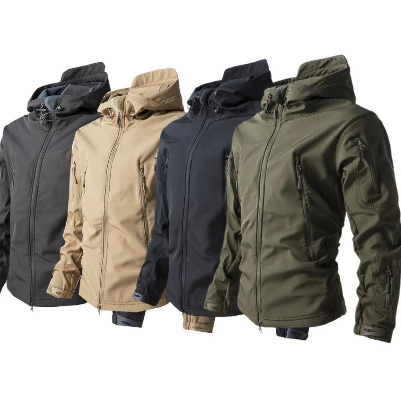 Men's Tactical Softshell Jacket shown in Grey, Khaki, Black, and Green