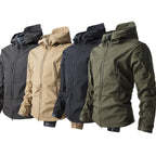 Men's Tactical Softshell Jacket shown in Grey, Khaki, Black, and Green