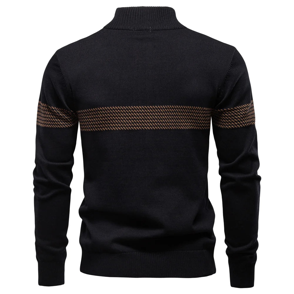 Men's black half-zip knit pullover, back view showing the plain back and mock collar