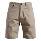 Men's slim fit cotton shorts — front view showing the zip-fly waist and slim leg cut