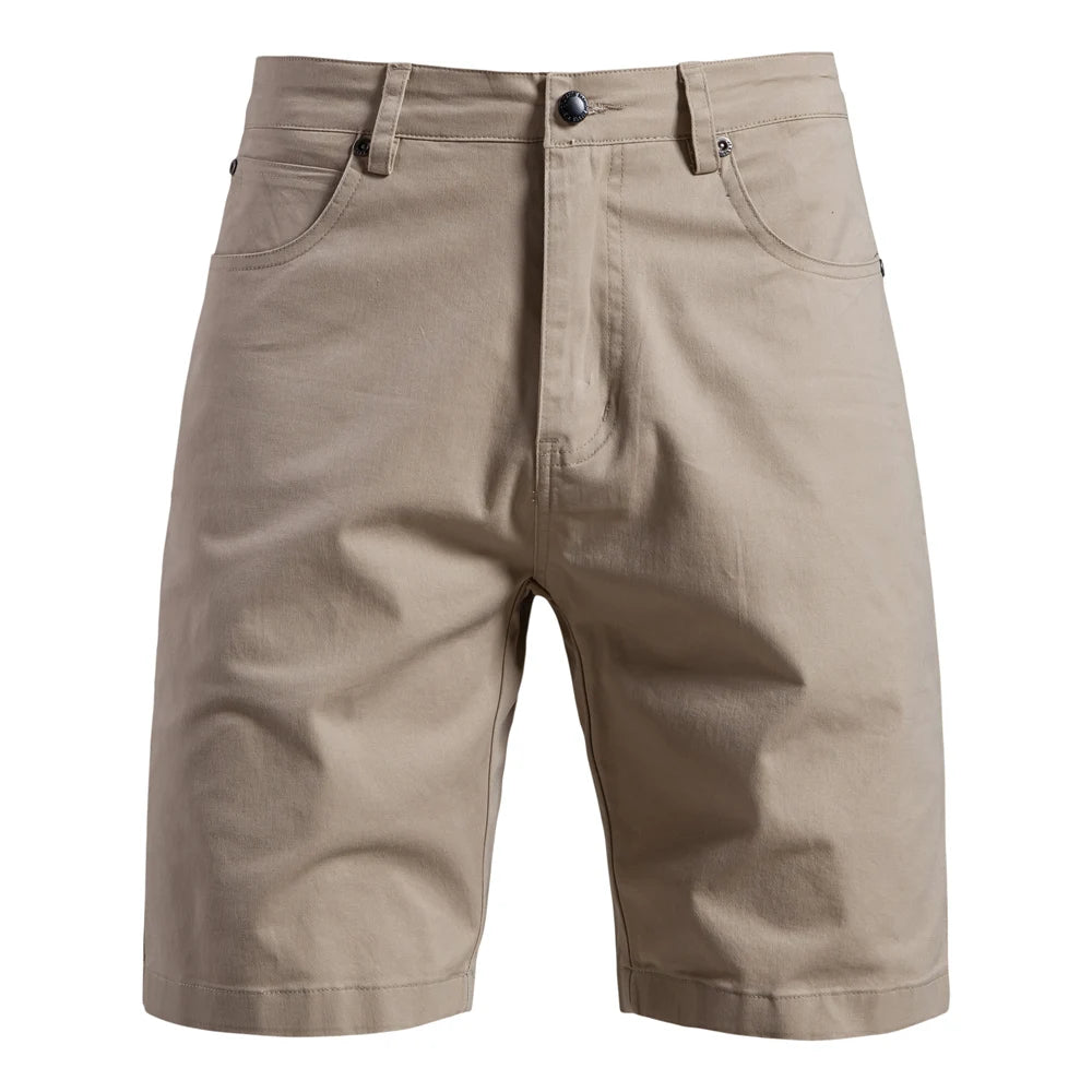 Men's slim fit cotton shorts — front view showing the zip-fly waist and slim leg cut