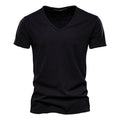 Slim V-Neck Tee in Black — textured slub cotton
