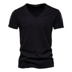 Slim V-Neck Tee in Black — textured slub cotton