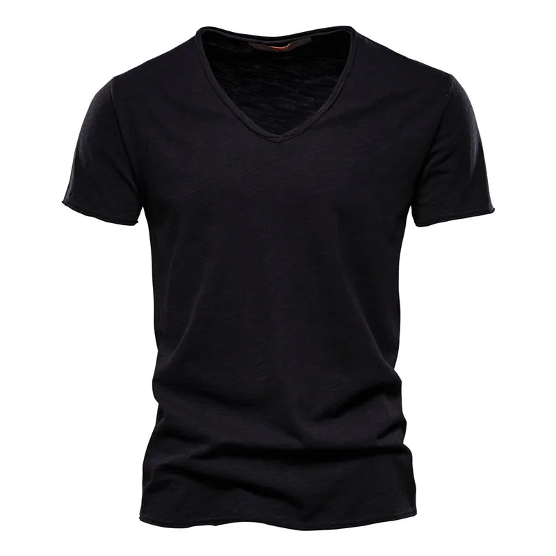 Slim V-Neck Tee in Black — textured slub cotton