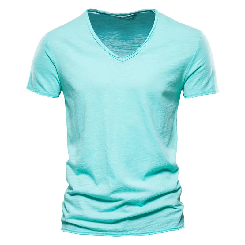 Slim V-Neck Tee in Light Green — textured slub cotton