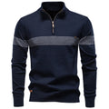 Men's navy half-zip knit pullover with mock collar and light jacquard chest stripe
