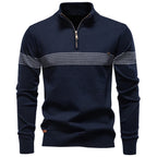 Men's navy half-zip knit pullover with mock collar and light jacquard chest stripe
