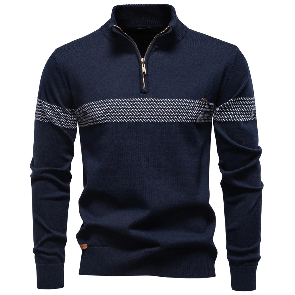 Men's navy half-zip knit pullover with mock collar and light jacquard chest stripe