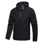Black waterproof windbreaker with adjustable hood, flat front view