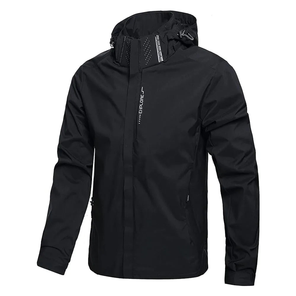 Black waterproof windbreaker with adjustable hood, flat front view