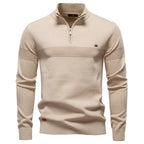Men's apricot half-zip knit pullover with mock collar and tonal jacquard chest stripe