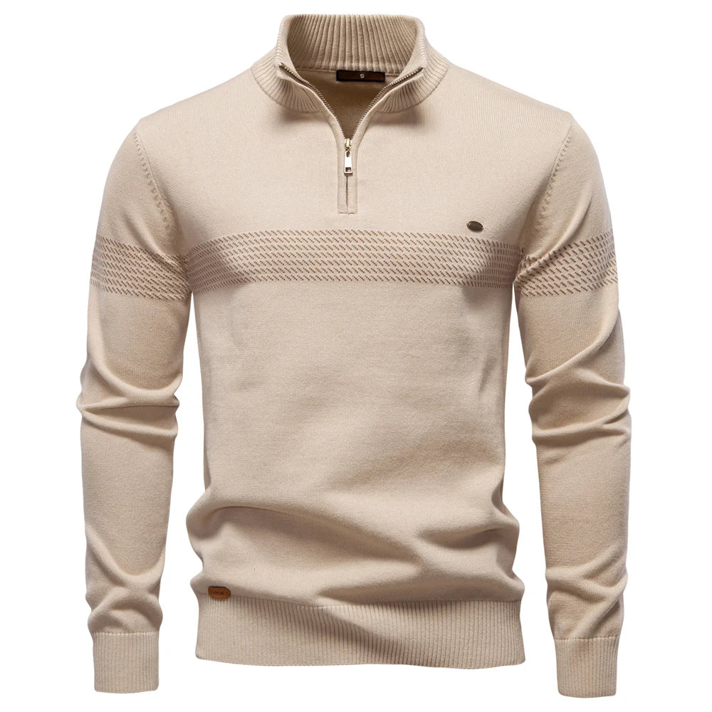 Men's apricot half-zip knit pullover with mock collar and tonal jacquard chest stripe