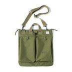 Military Green helmet messenger bag on white with the crossbody strap extended full length
