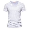 Slim V-Neck Tee in White — textured slub cotton