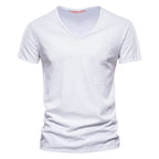 Slim V-Neck Tee in White — textured slub cotton