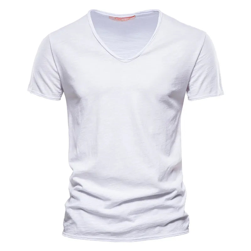 Slim V-Neck Tee in White — textured slub cotton