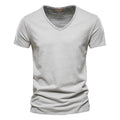 Slim V-Neck Tee in Silver Gray — textured slub cotton