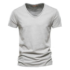 Slim V-Neck Tee in Silver Gray — textured slub cotton