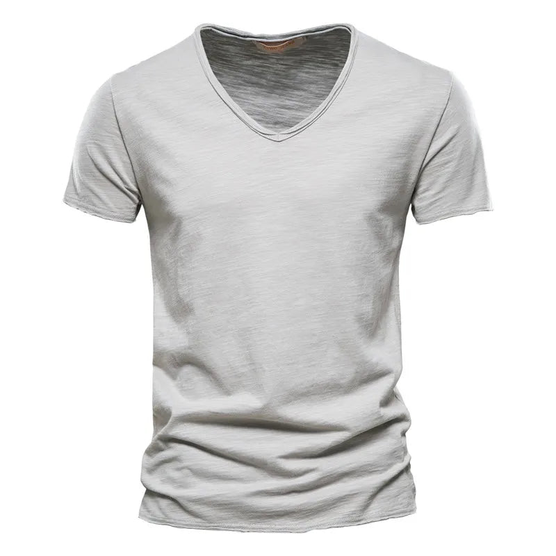 Slim V-Neck Tee in Silver Gray — textured slub cotton
