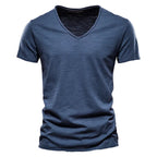 Slim V-Neck Tee in Navy — textured slub cotton