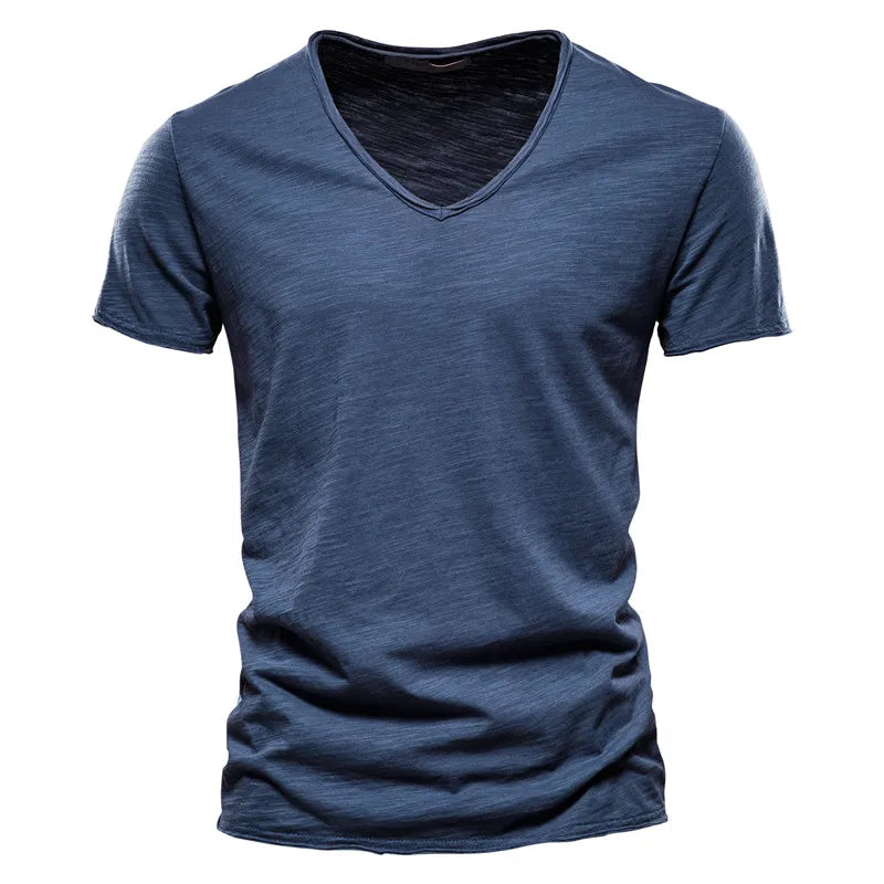 Slim V-Neck Tee in Navy — textured slub cotton