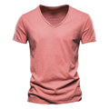 Slim V-Neck Tee in Red — textured slub cotton