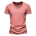 Slim V-Neck Tee in Red — textured slub cotton