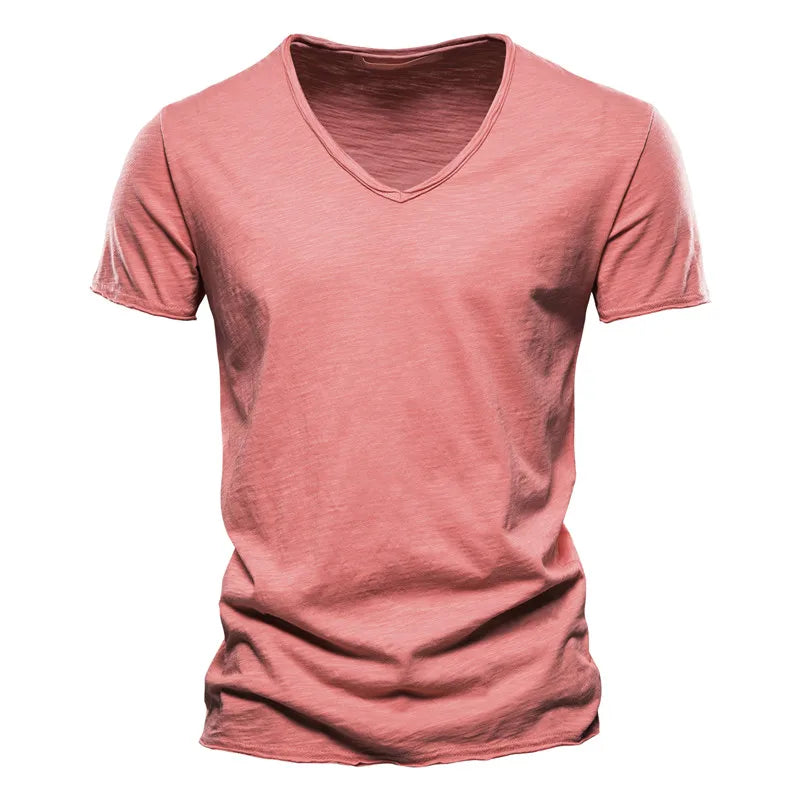 Slim V-Neck Tee in Red — textured slub cotton