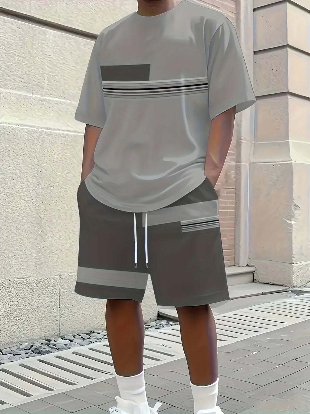 Men's Featherlight Summer Set — 3D Print Tee & Shorts in Grey