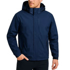 Man wearing the navy waterproof windbreaker with hood