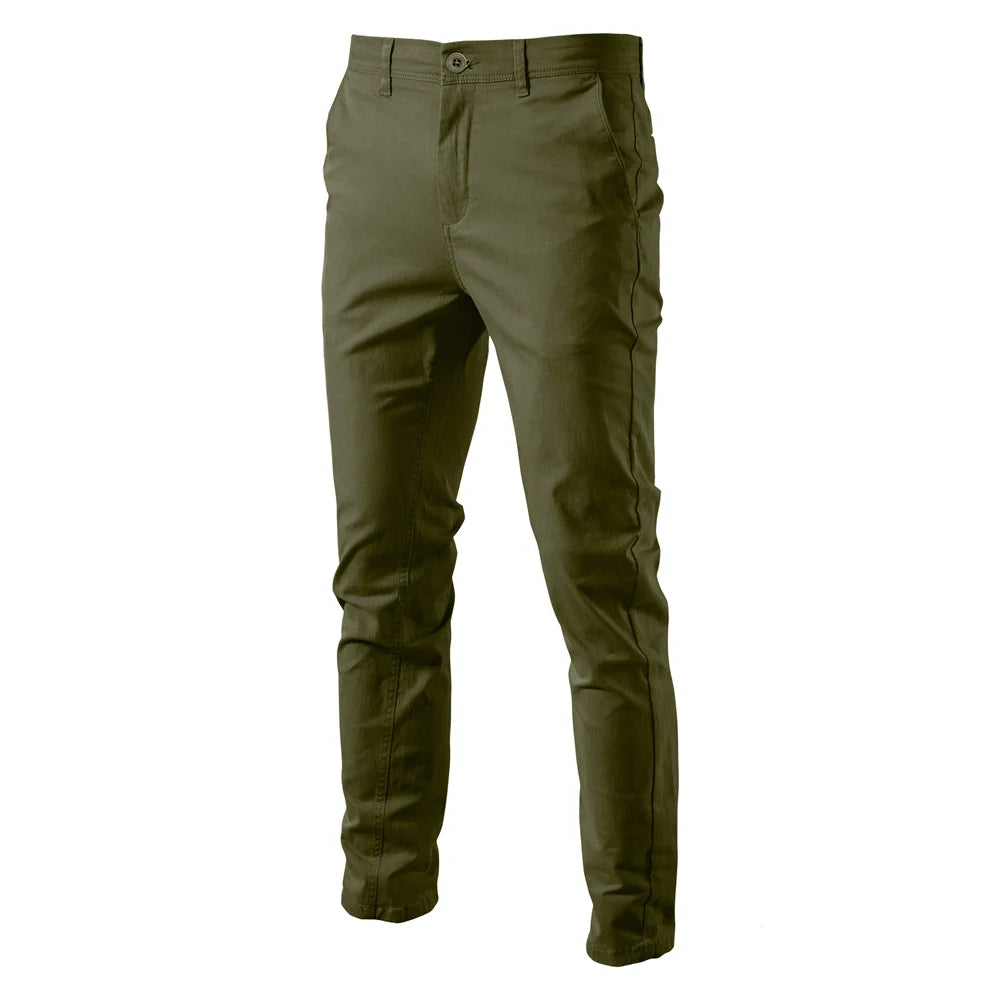 Men's Cotton Chino Trousers in Army Green — slim tapered fit