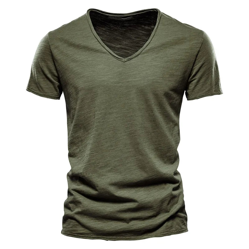 Slim V-Neck Tee in Army Green — textured slub cotton