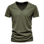 Slim V-Neck Tee in Army Green — textured slub cotton