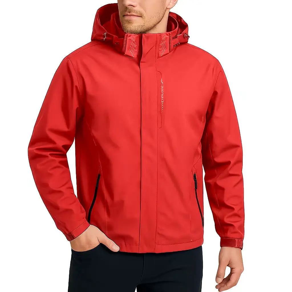 Man wearing the red waterproof windbreaker with hood