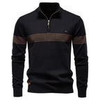 Men's black half-zip knit pullover, full front view with ribbed cuffs and hem band