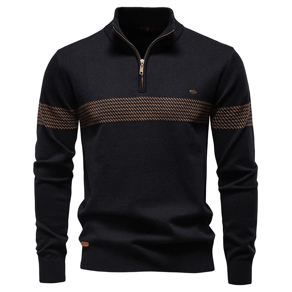 Men's black half-zip knit pullover, full front view with ribbed cuffs and hem band