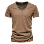 Slim V-Neck Tee in Camel — textured slub cotton