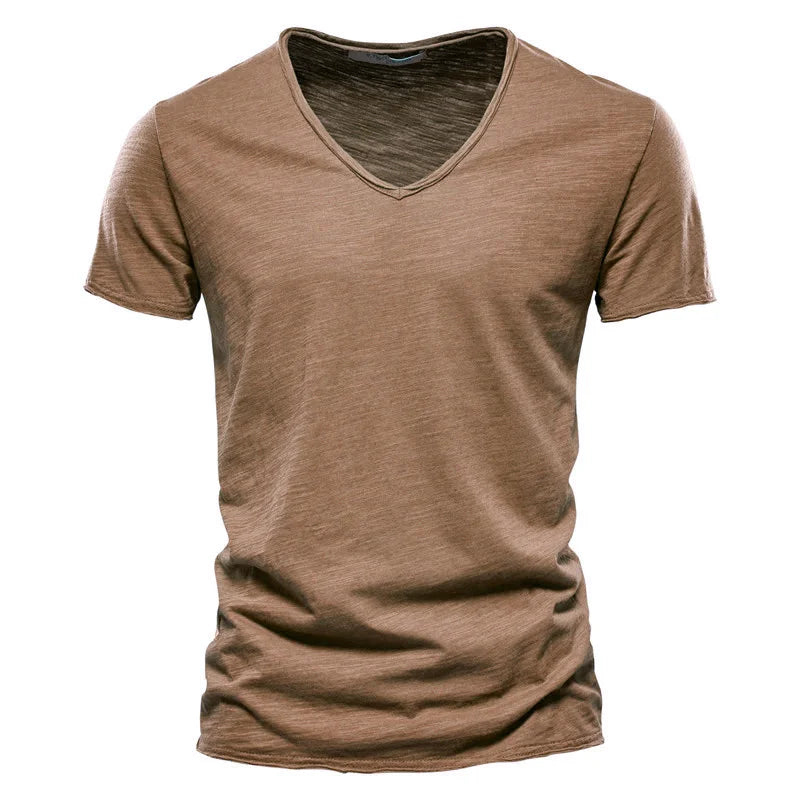 Slim V-Neck Tee in Camel — textured slub cotton