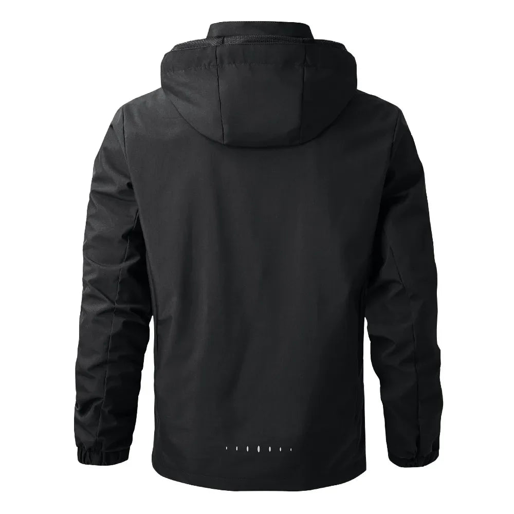 Back view of the black hooded windbreaker