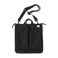 Charcoal helmet messenger bag on white with the detachable shoulder strap and twin top handles