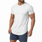 Man wearing the white athletic gym tee with blue shorts