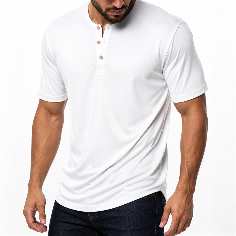 Man wearing the white everyday henley with dark jeans