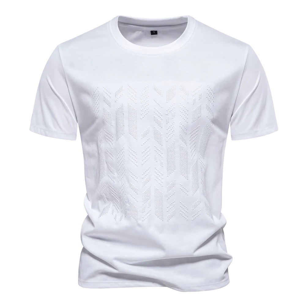 White men's crew neck t-shirt with tonal geometric chest print, front view