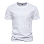 White men's crew neck t-shirt with tonal geometric chest print, front view
